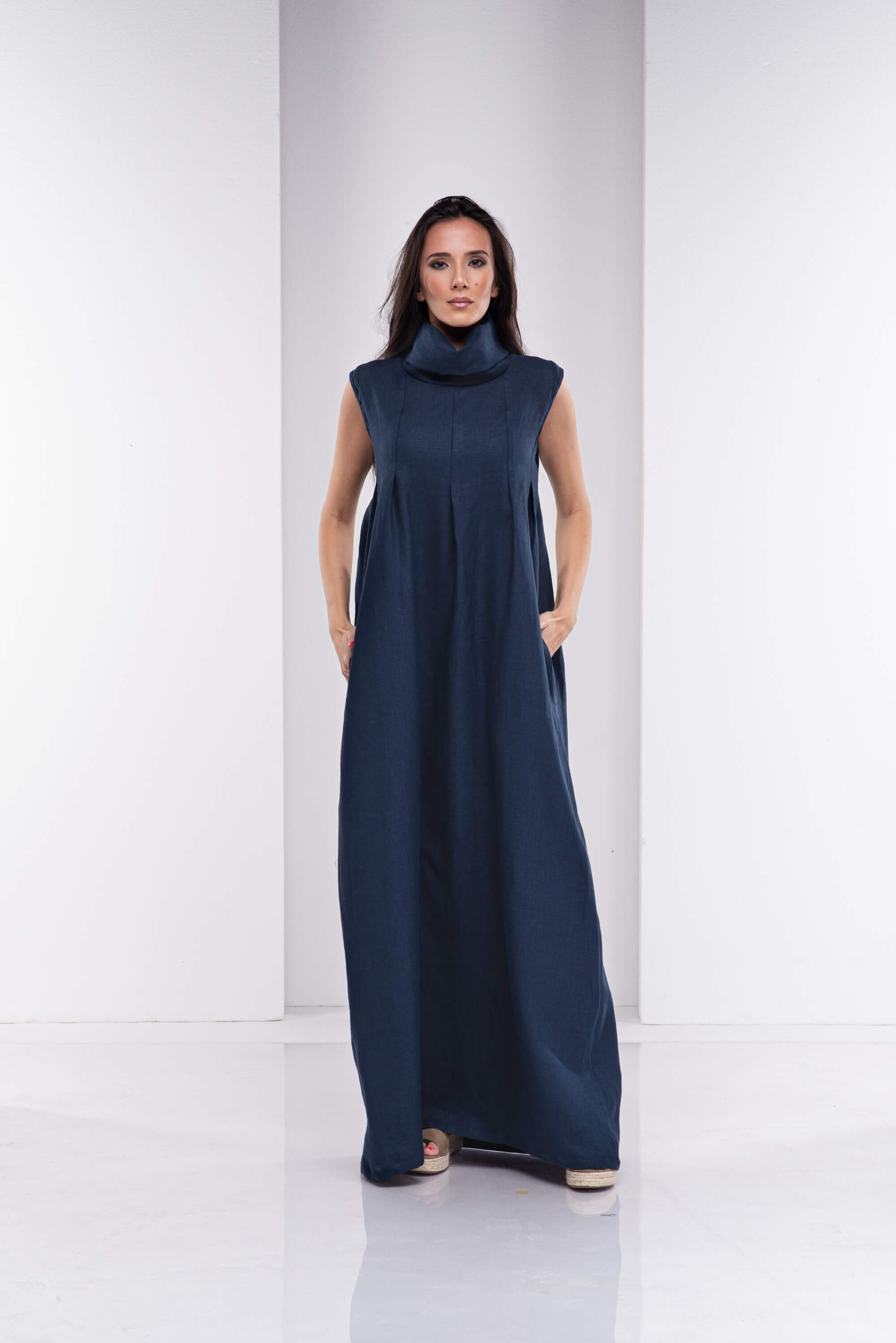 Dark Blue Turtleneck Long Linen Dress