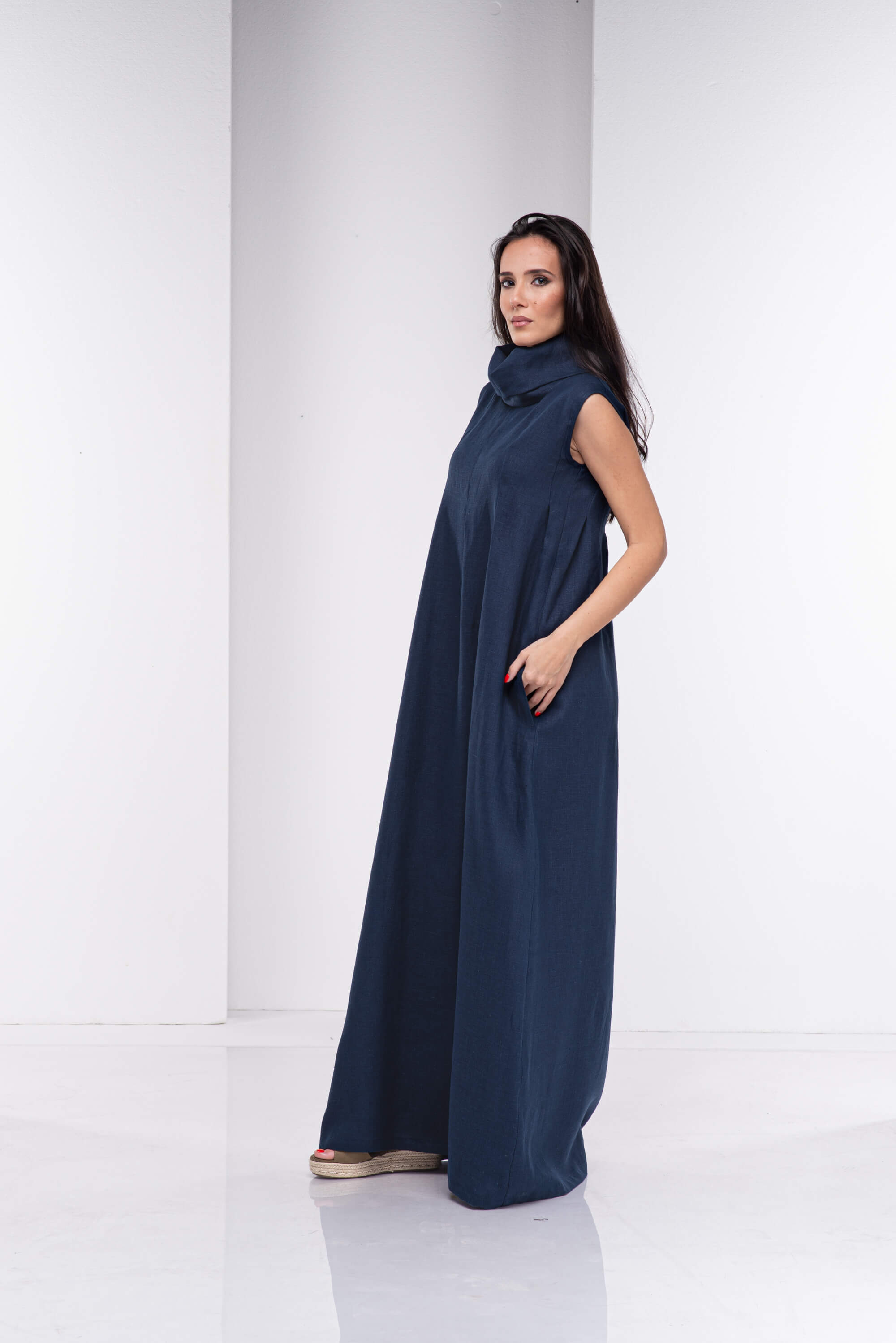 Dark Blue Turtleneck Long Linen Dress