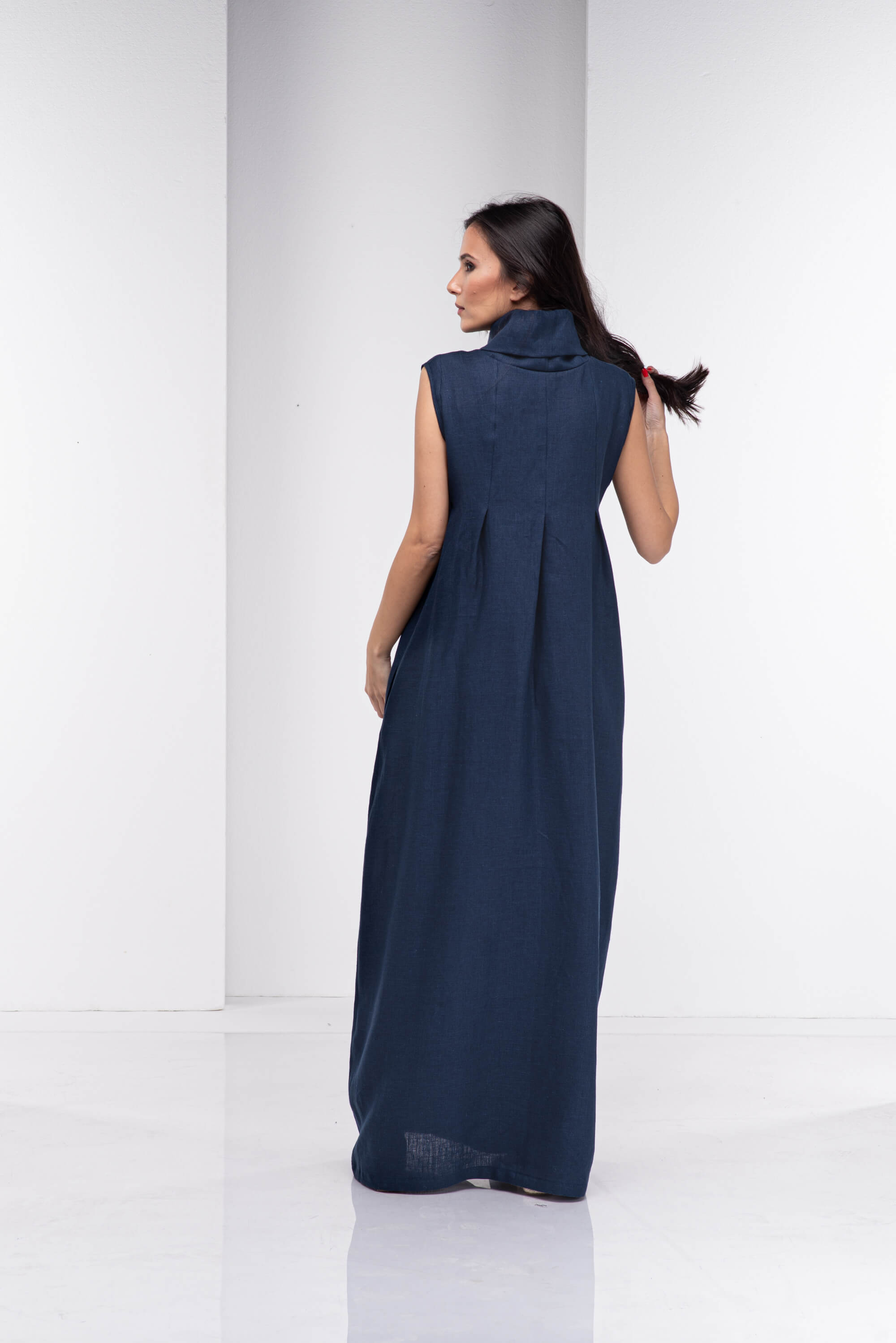 Dark Blue Turtleneck Long Linen Dress