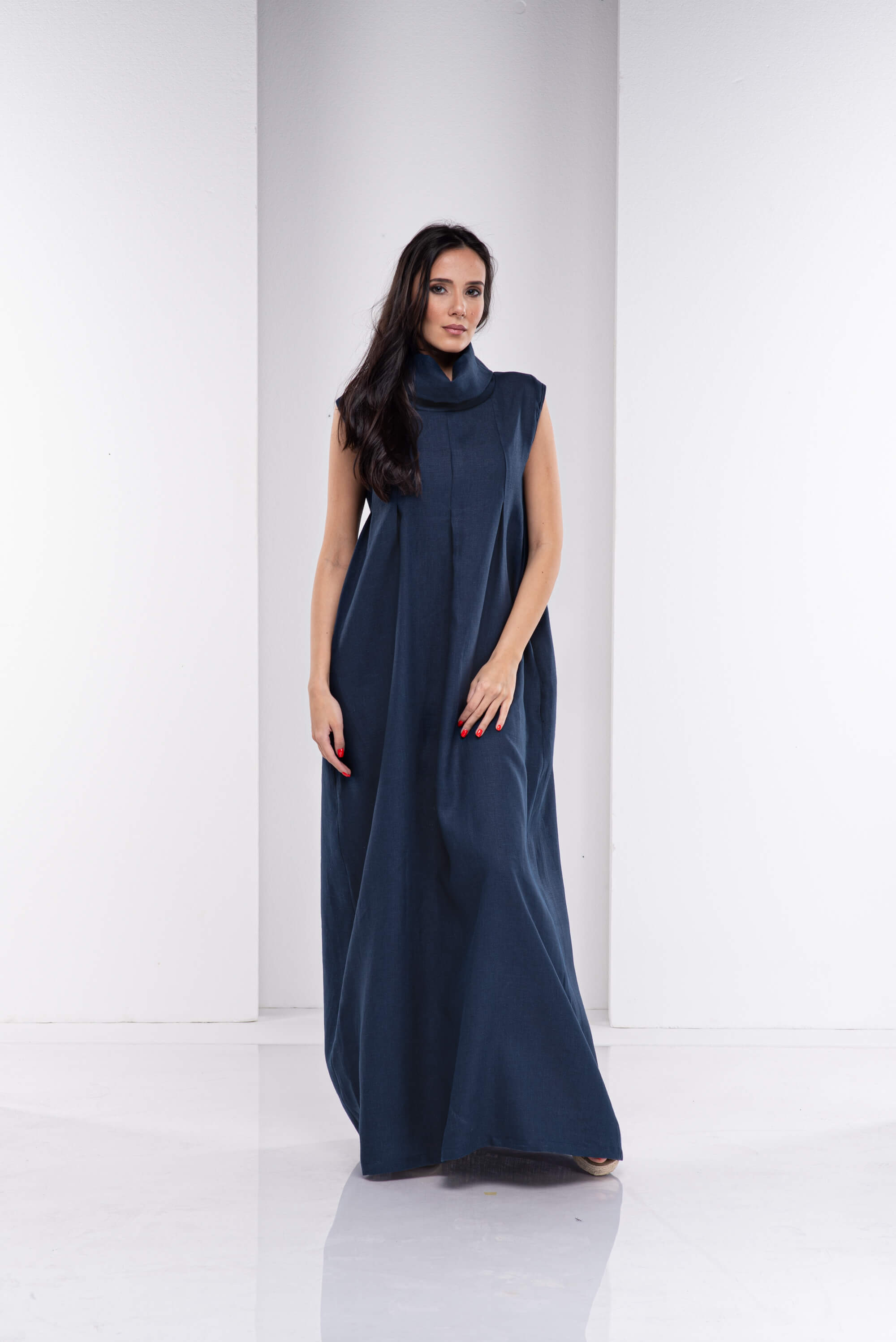 Dark Blue Turtleneck Long Linen Dress