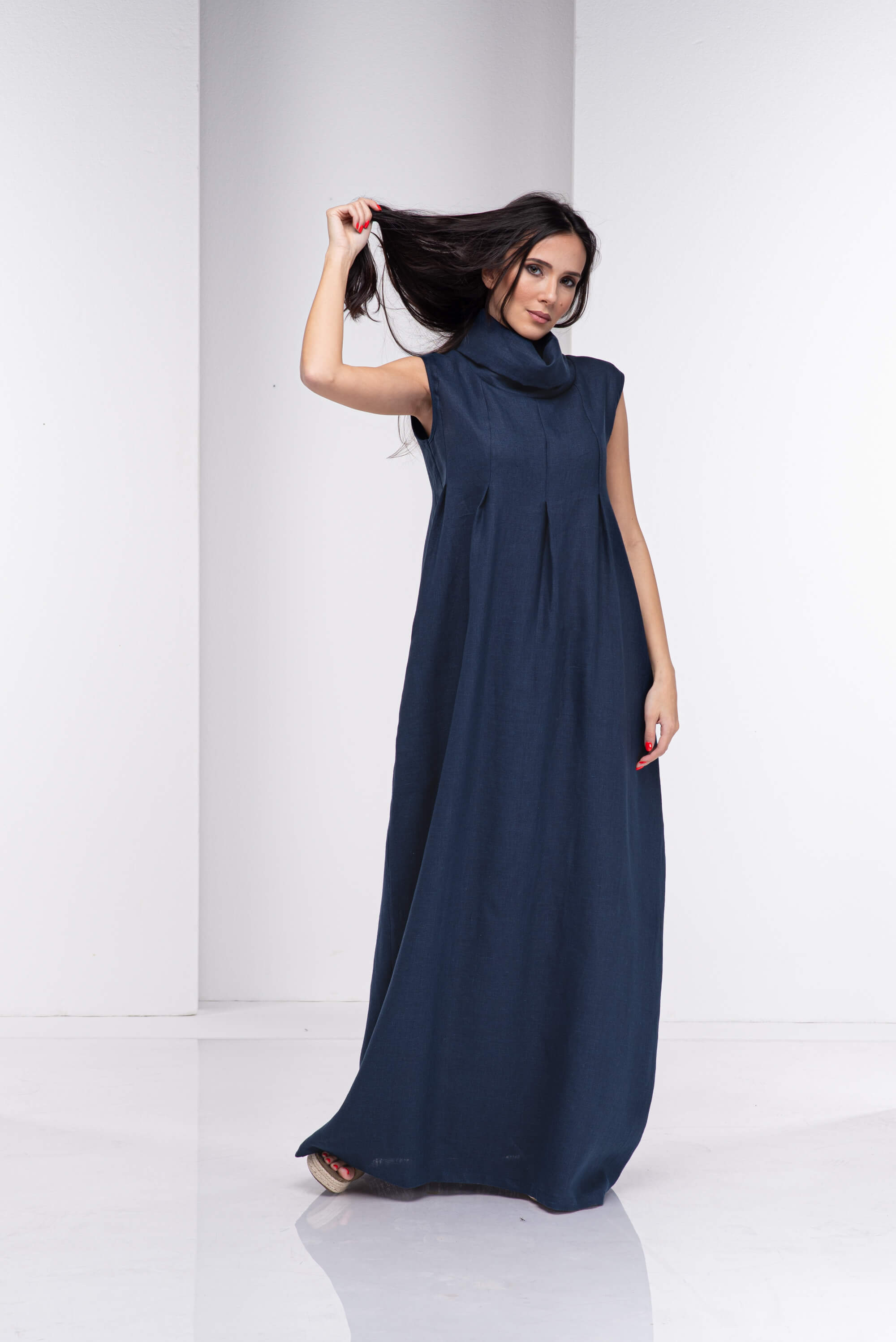 Dark Blue Turtleneck Long Linen Dress