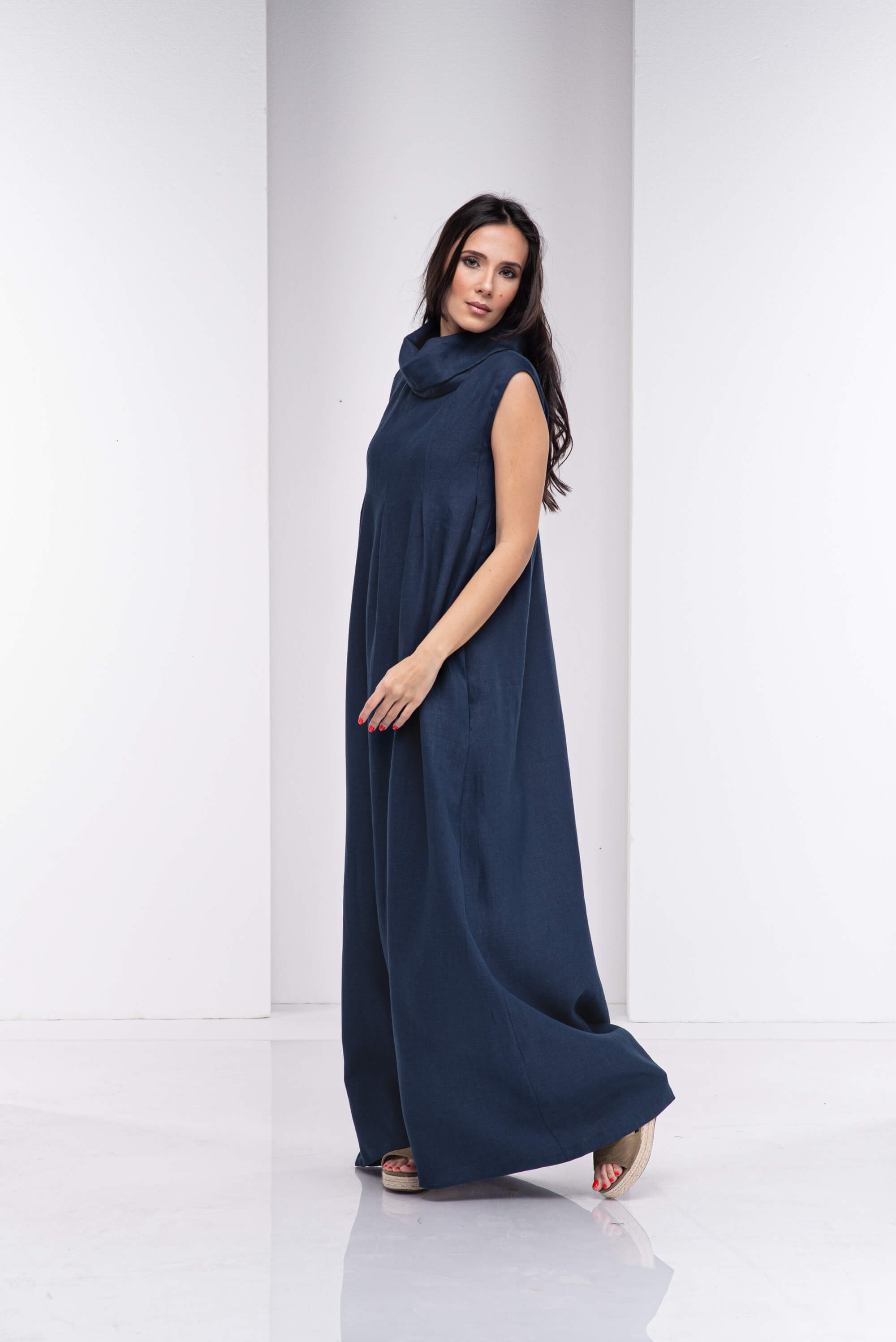 Dark Blue Turtleneck Long Linen Dress