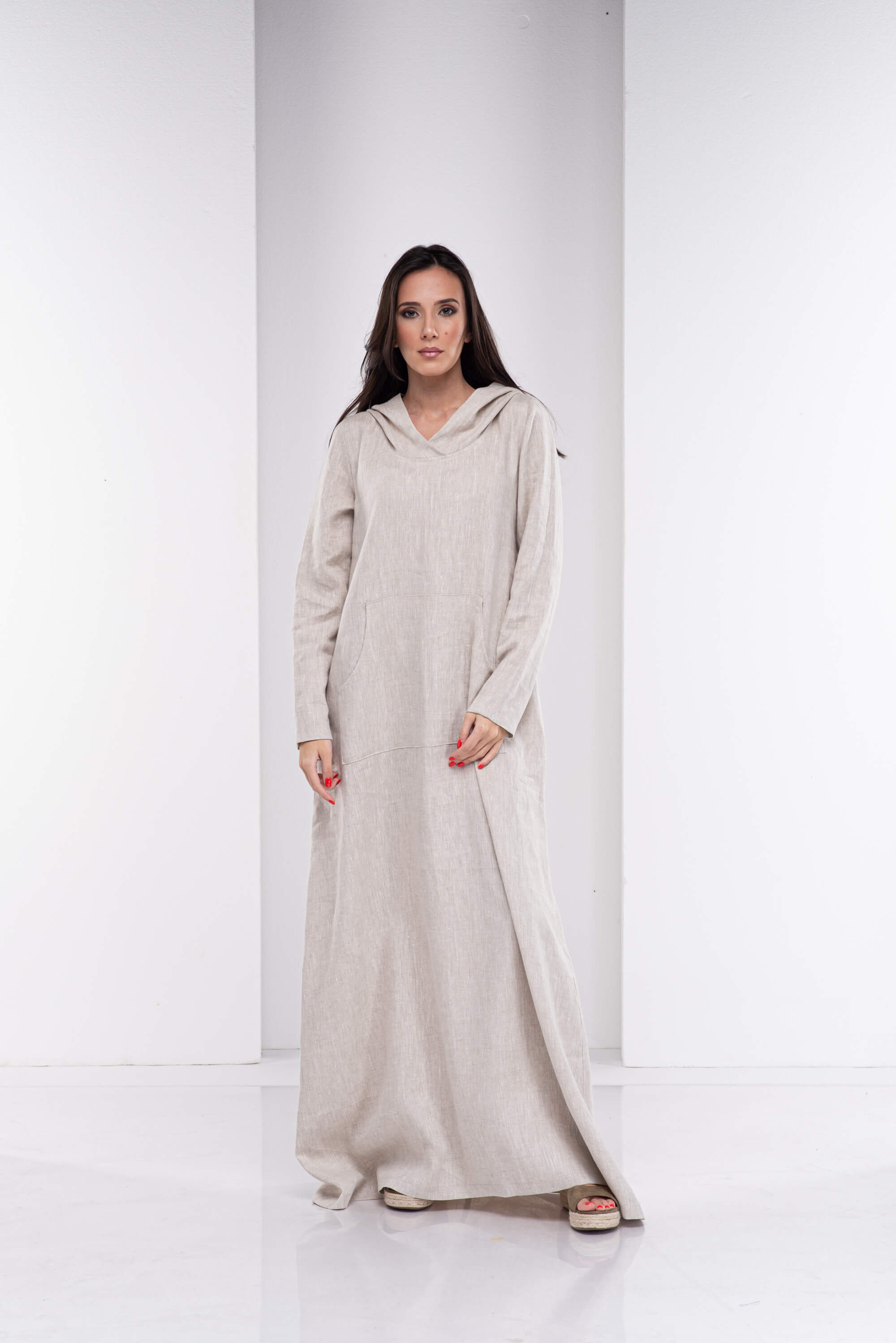 Natural Beige Long Hooded Kaftan Dress