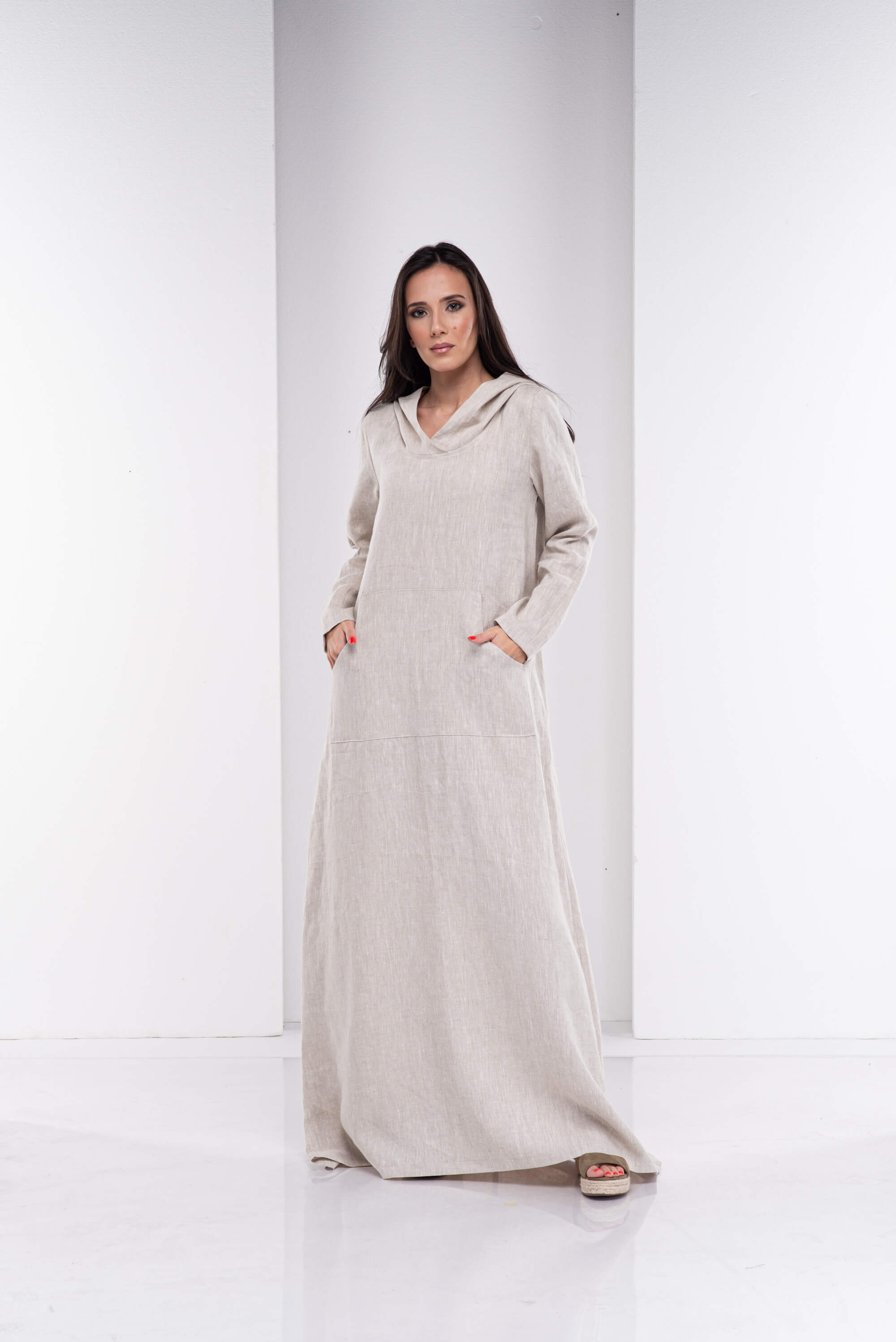 Natural Beige Long Hooded Kaftan Dress