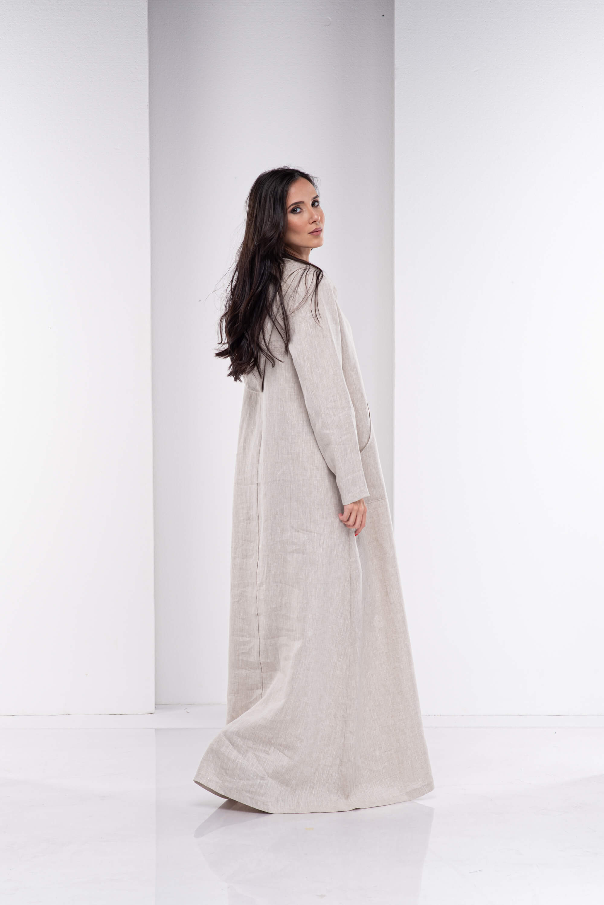 Natural Beige Long Hooded Kaftan Dress