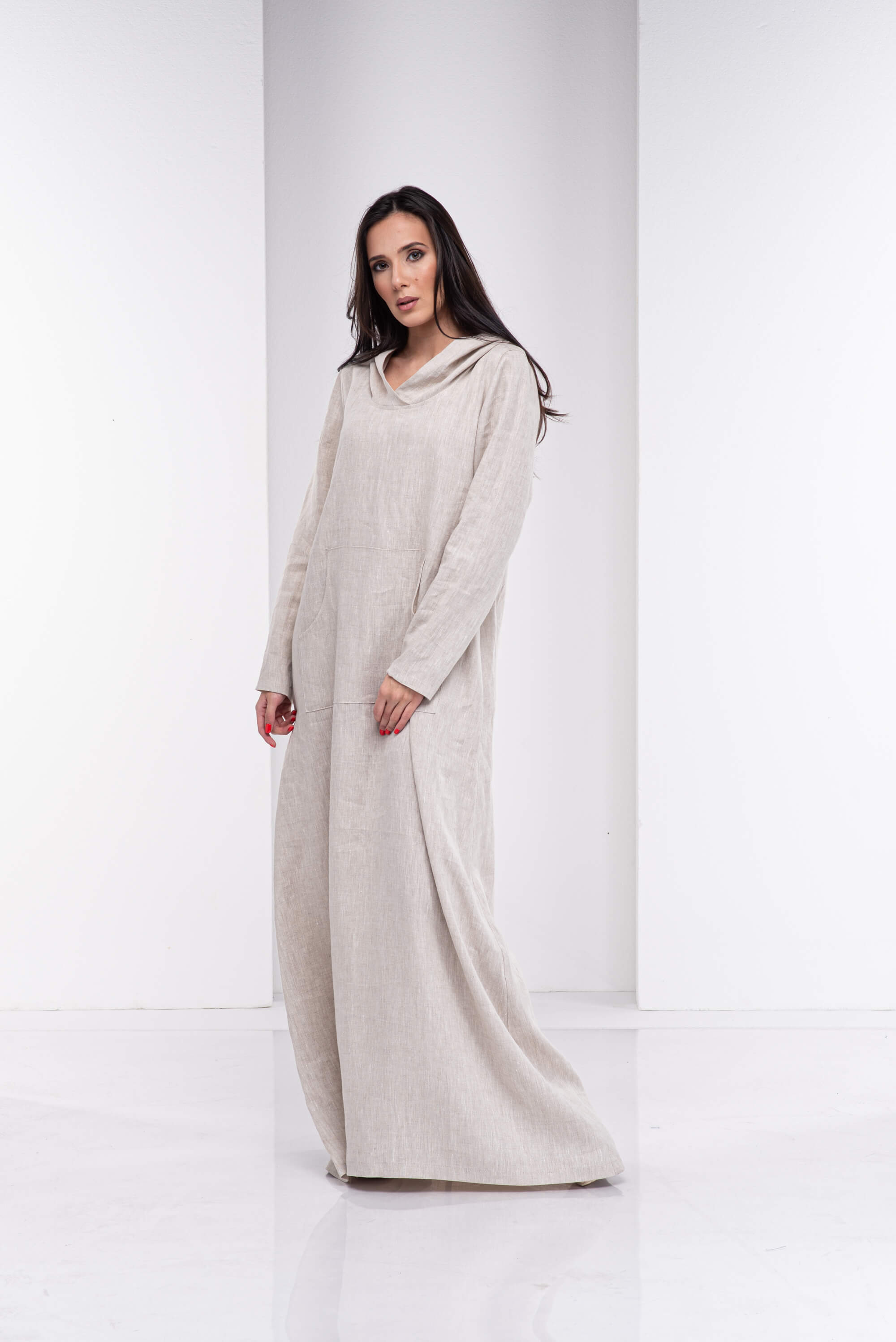 Natural Beige Long Hooded Kaftan Dress