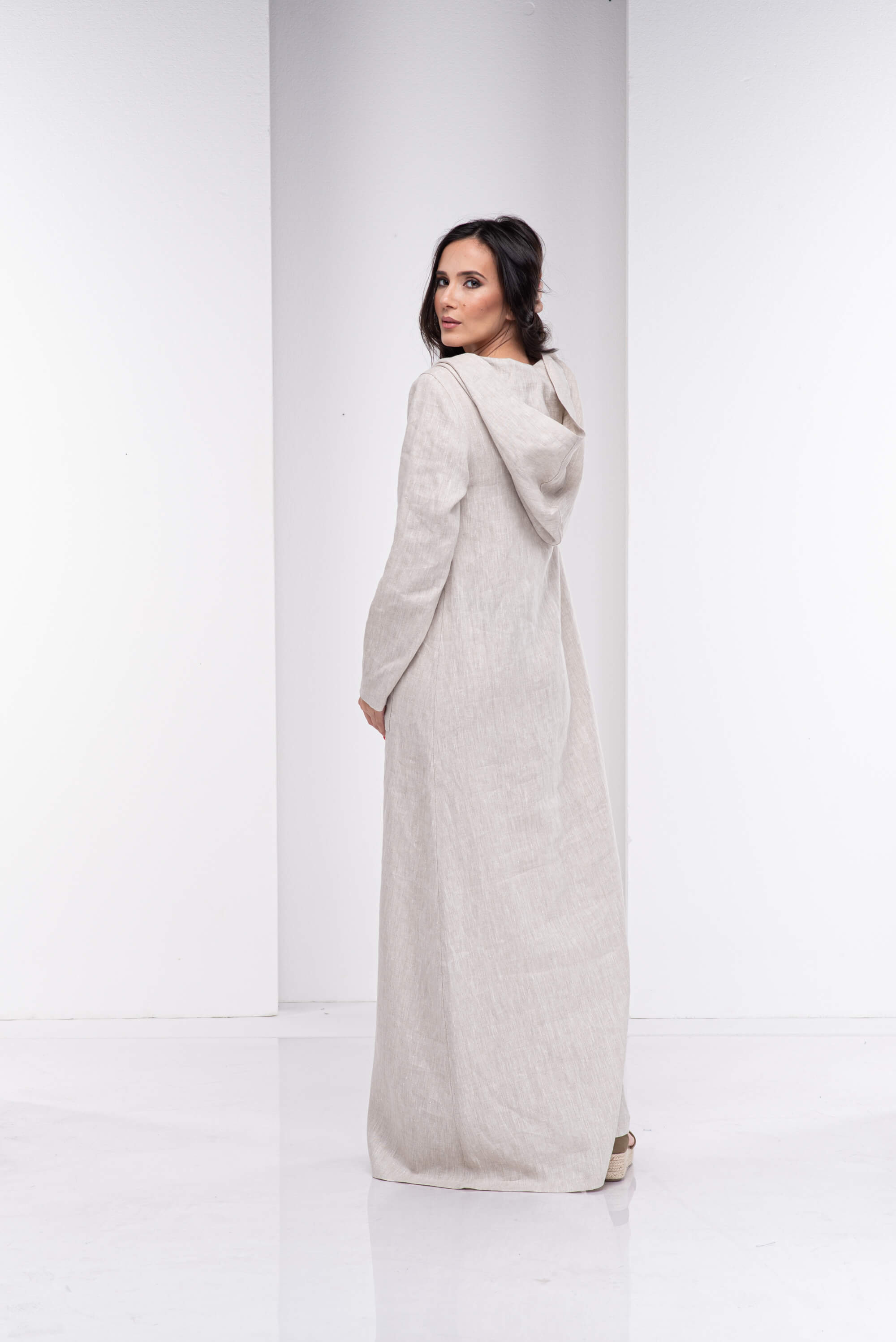 Natural Beige Long Hooded Kaftan Dress