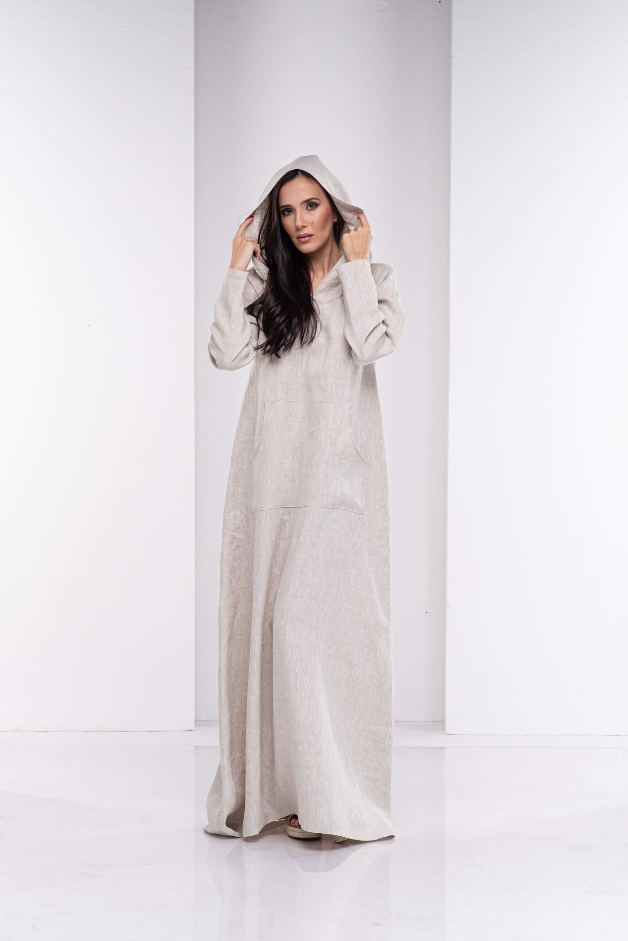 Natural Beige Long Hooded Kaftan Dress