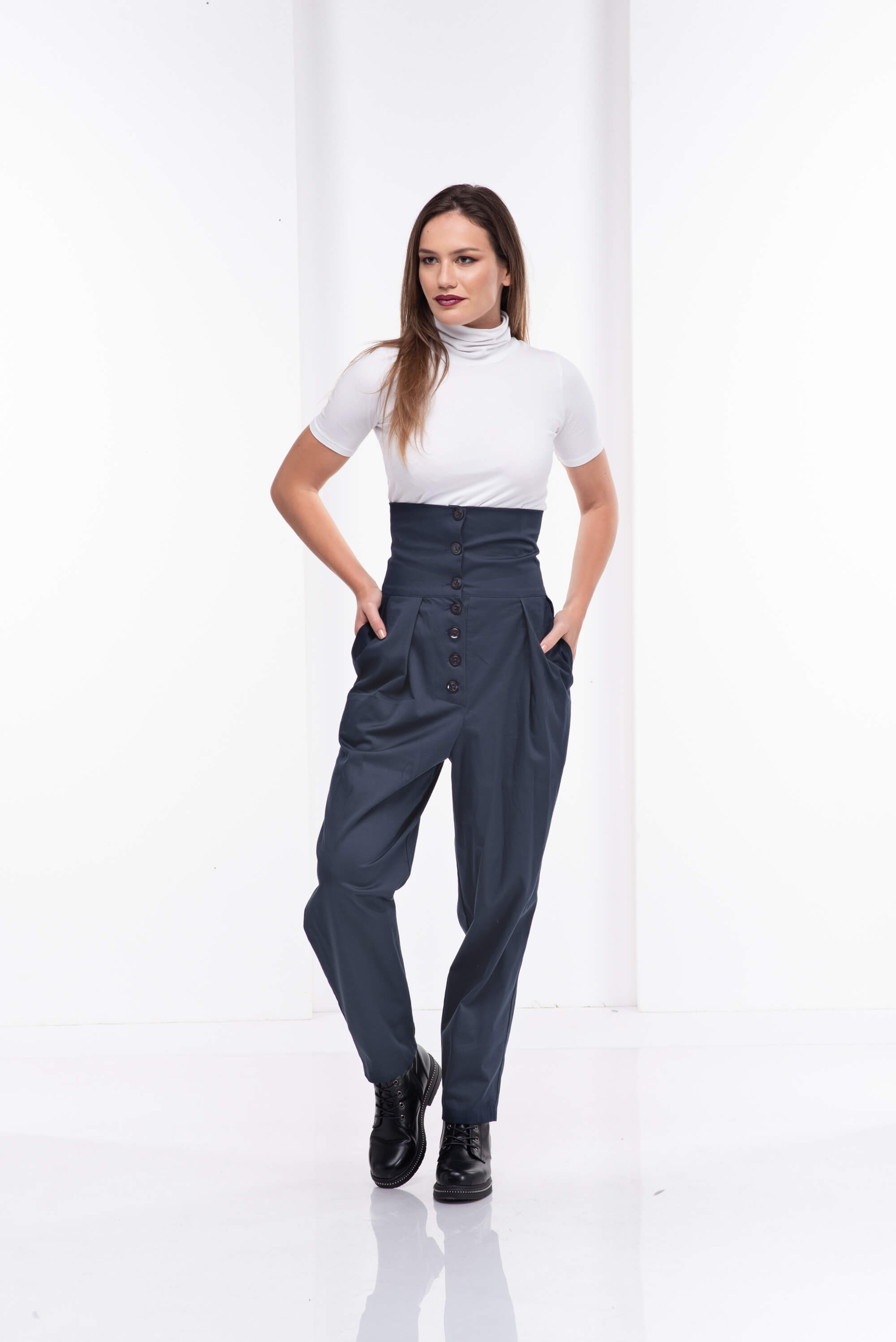 Dark Blue High Waisted Cotton Pants