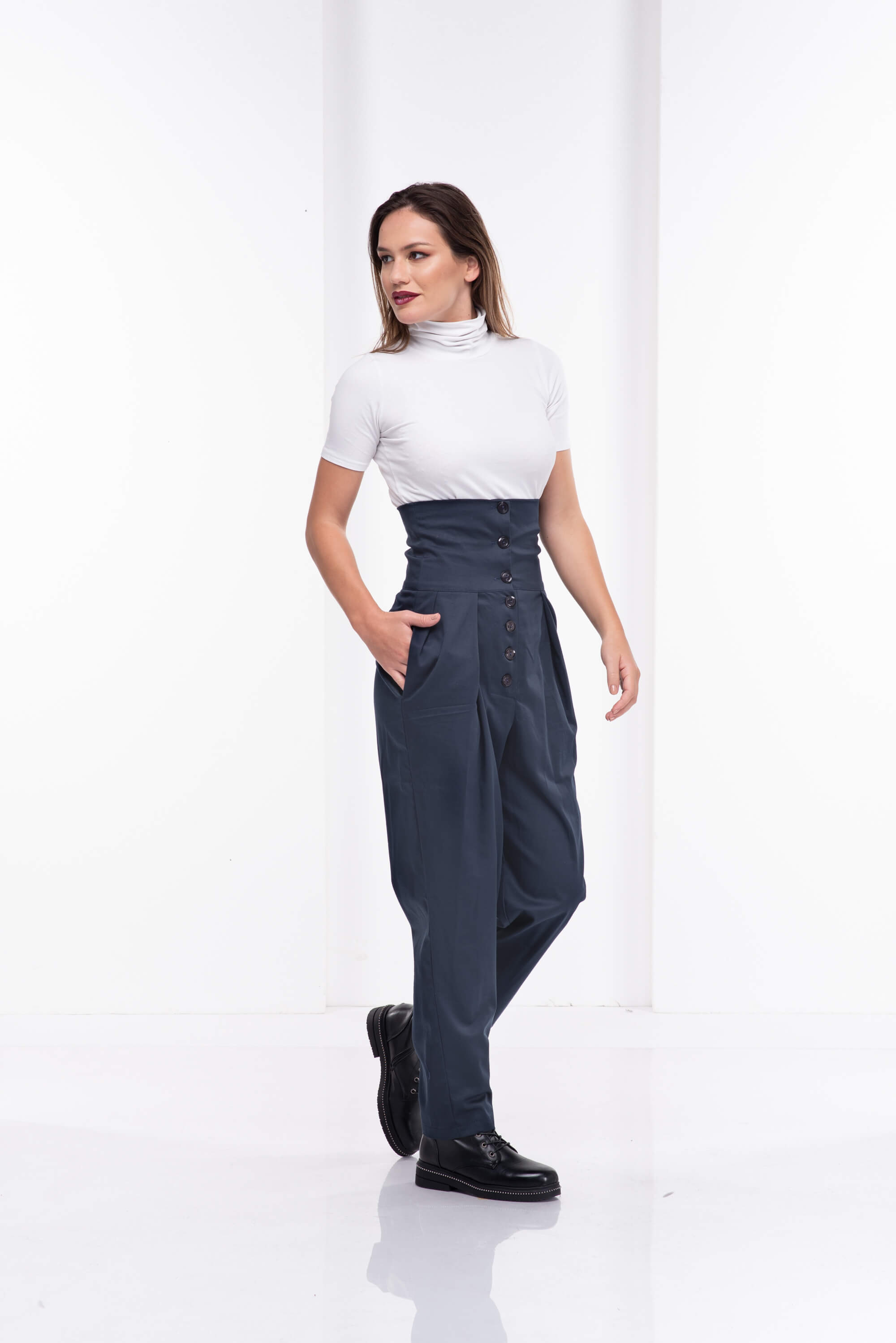 Dark Blue High Waisted Cotton Pants