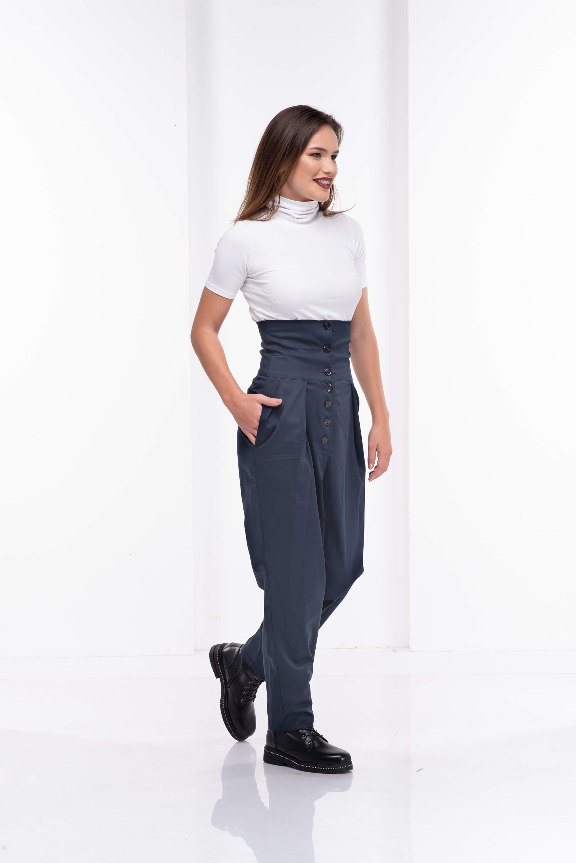 Dark Blue High Waisted Cotton Pants