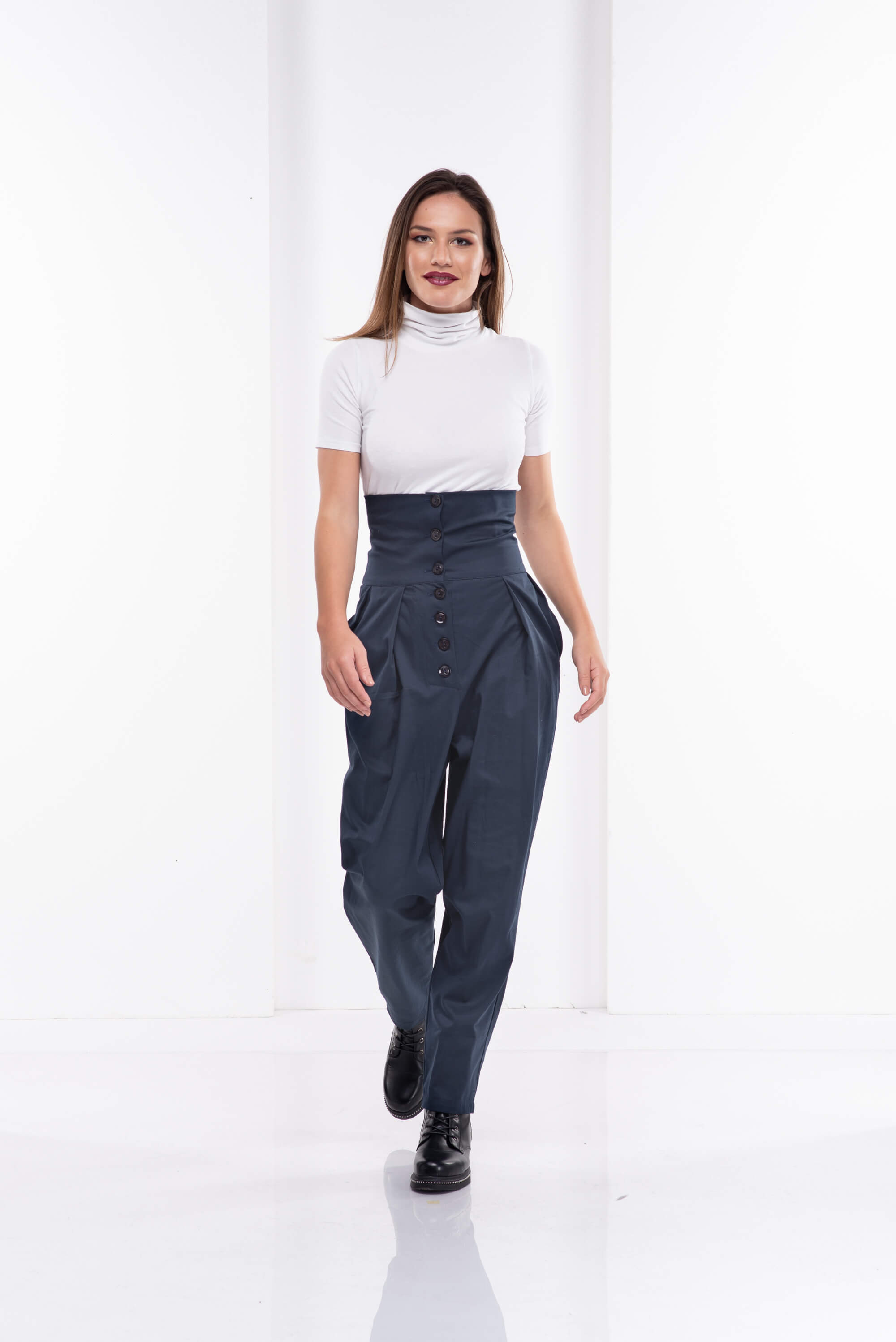 Dark Blue High Waisted Cotton Pants