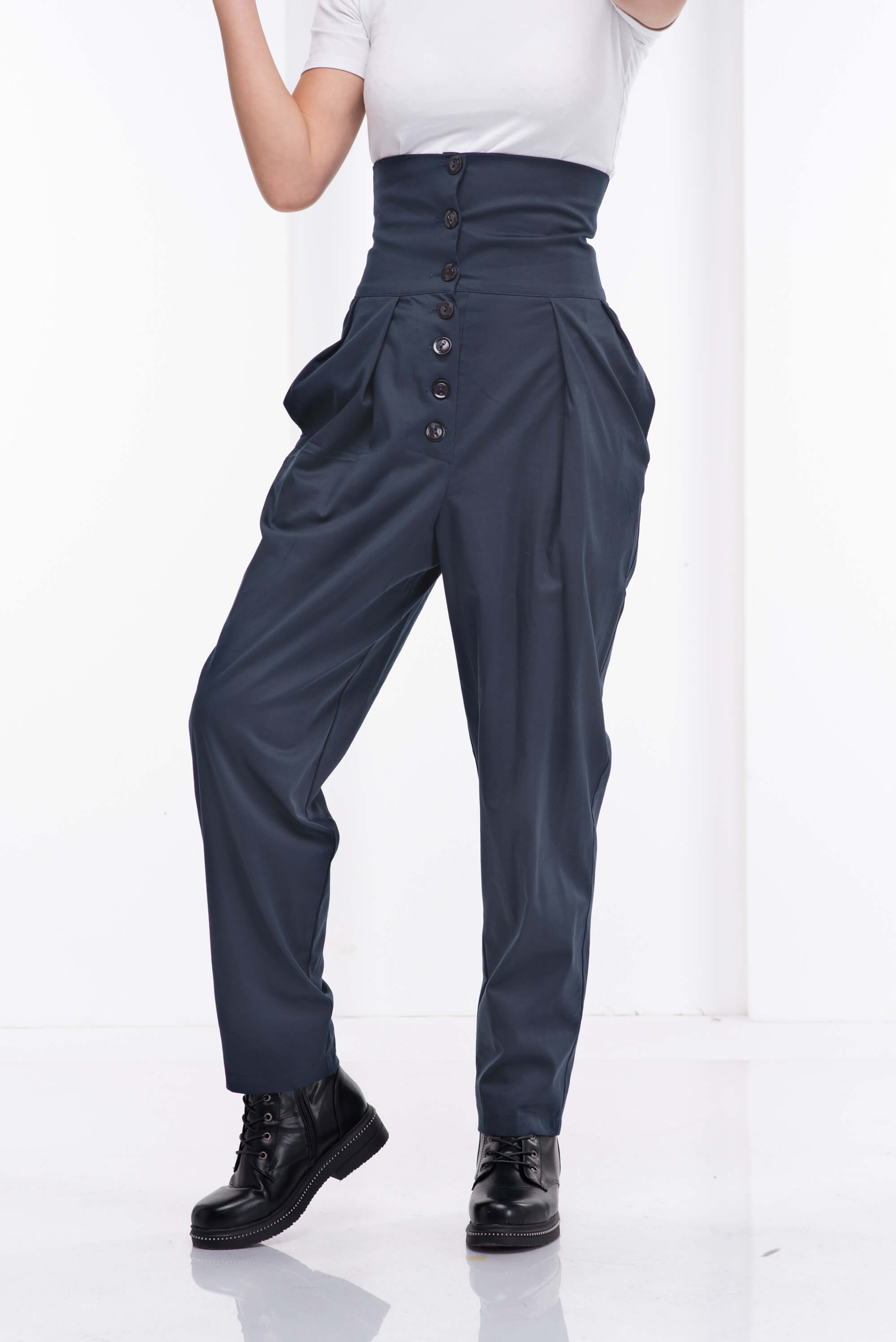 Dark Blue High Waisted Cotton Pants