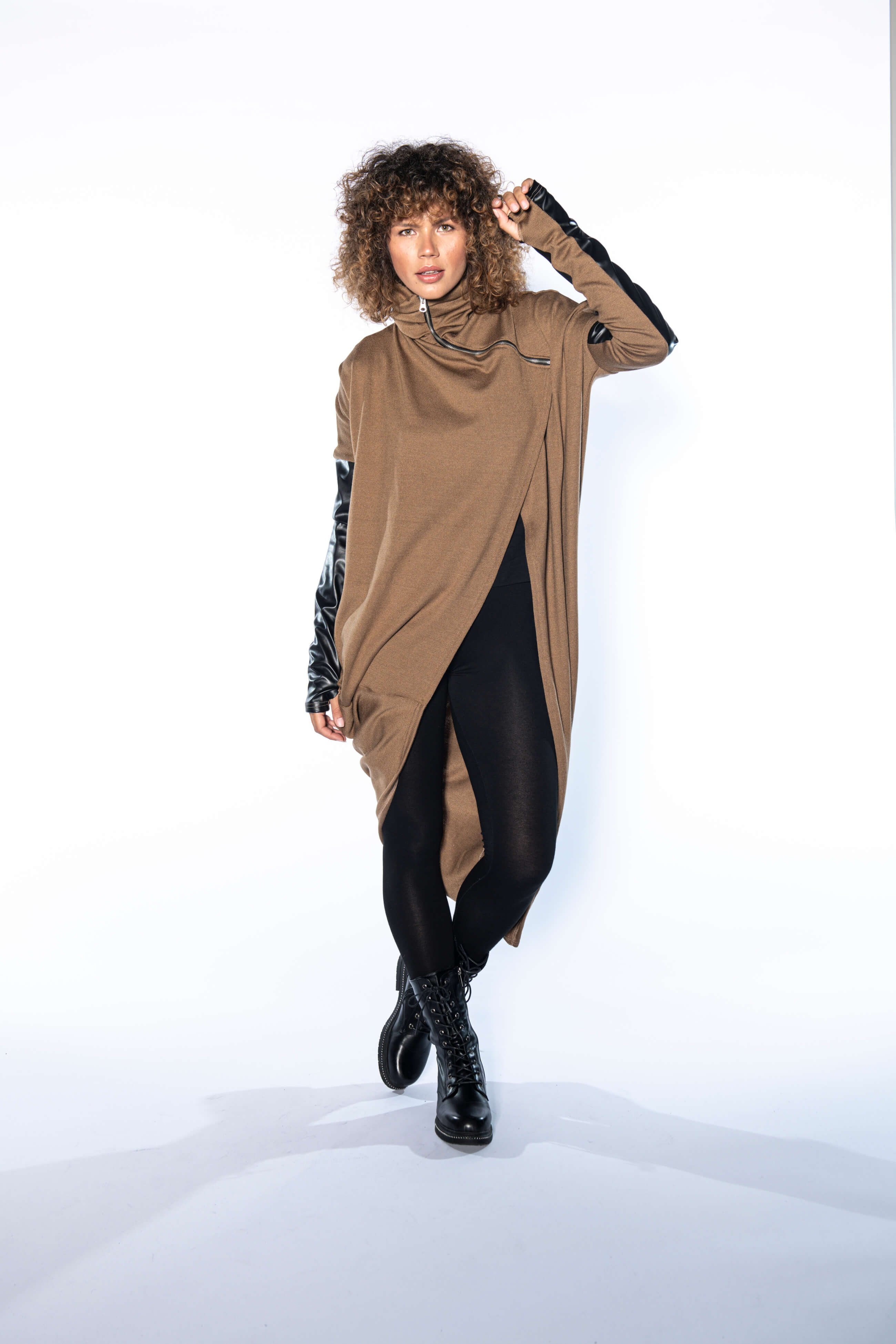 Camel Asymmetrical Wool Leather Cardigan